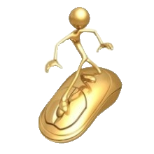 A gold stick figure surfing a gold computer mouse